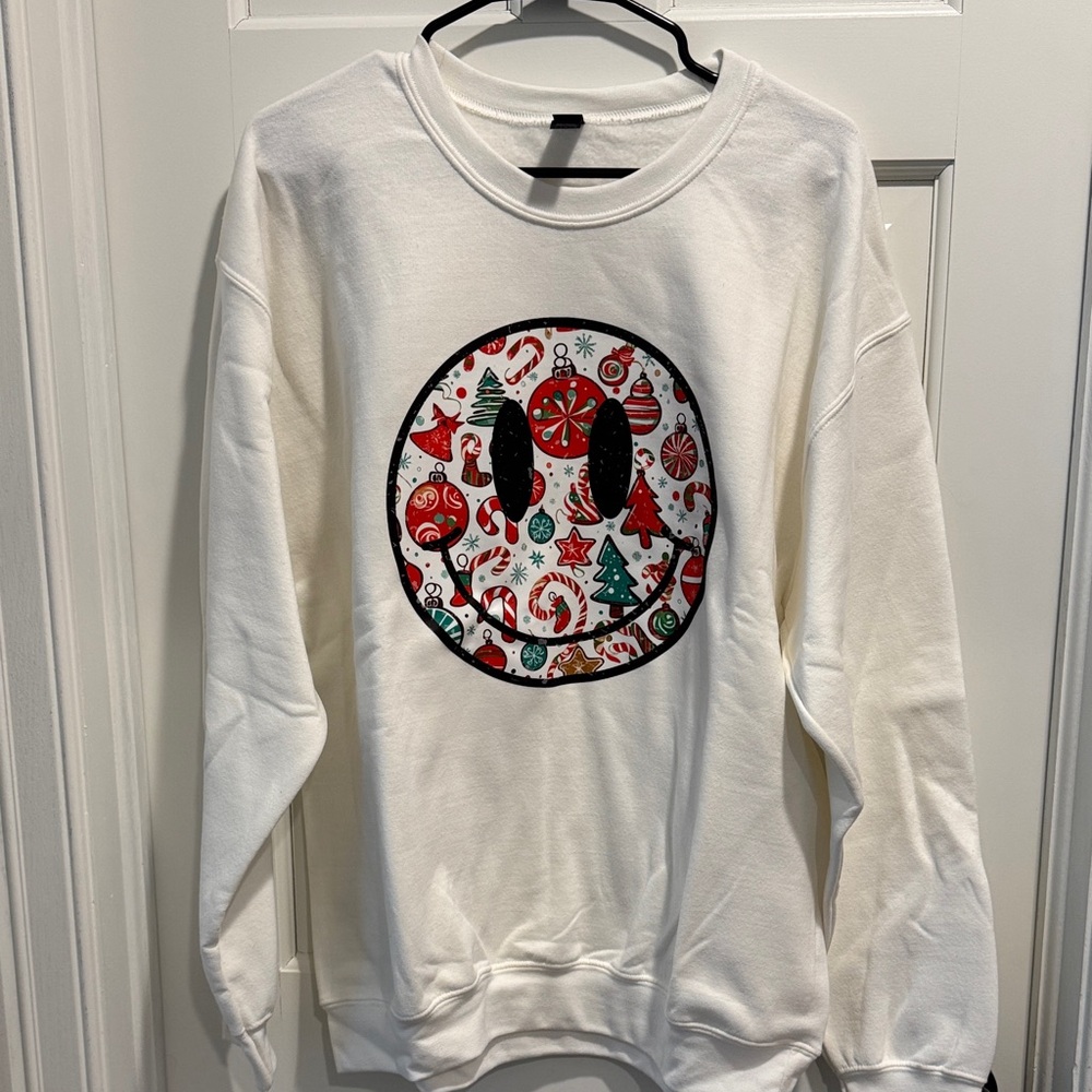 Gildan White Crewneck Sweatshirt with Red & Green Holiday Smiley